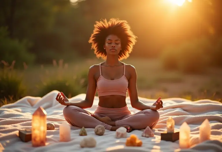 Mulher meditando com cristais em ambiente tranquilo