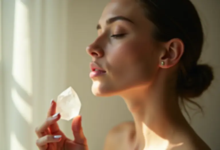 Mulher meditando com cristal quartzo transparente