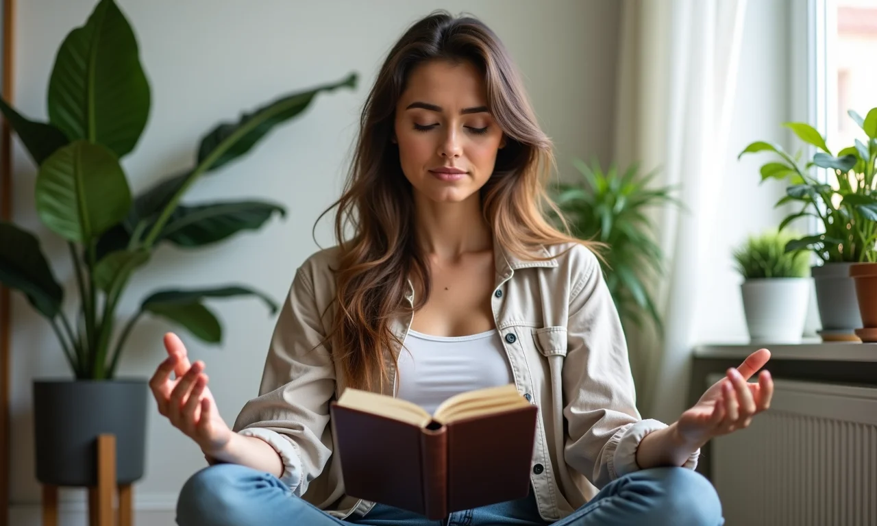 Mulher meditando com um diário ao lado, em busca de reduzir o estresse.