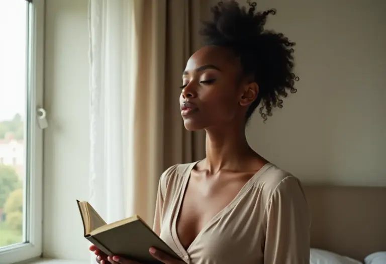 Mulher meditando com um diário para acalmar a ansiedade.