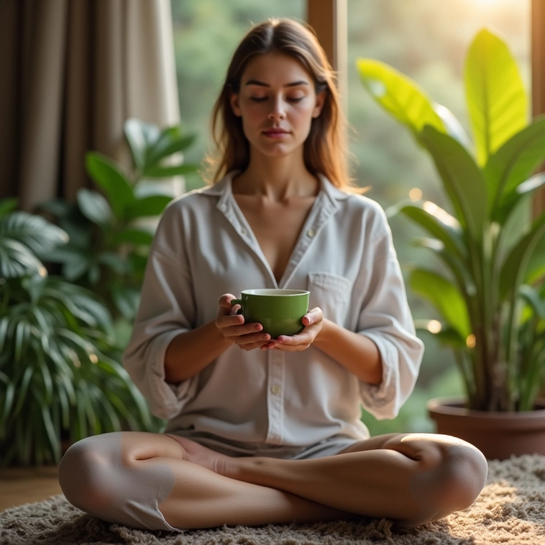 Mulher meditando com uma xícara de chá verde em um ambiente sereno.