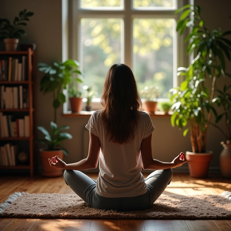 Mulher meditando em ambiente sereno com livros, plantas e luz natural para nutrir a mente.
