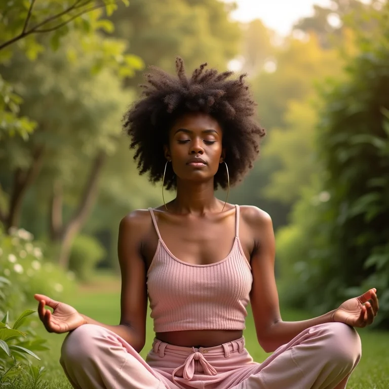 Mulher meditando em um jardim tranquilo, investindo no autoconhecimento