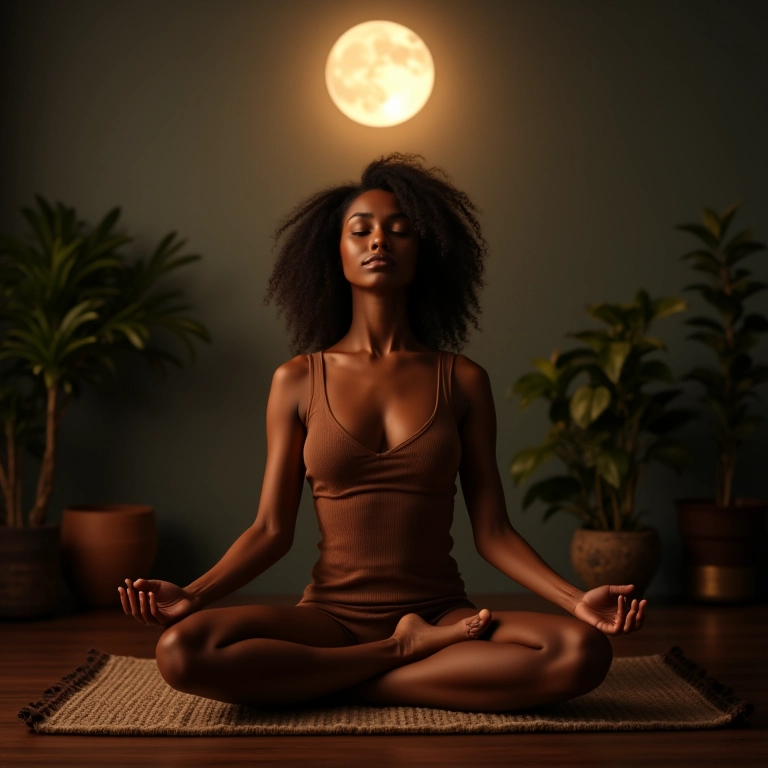 Mulher meditando sob a luz da lua nova para ritual.