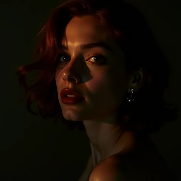 Mulher misteriosa com cabelo ruivo acobreado escuro