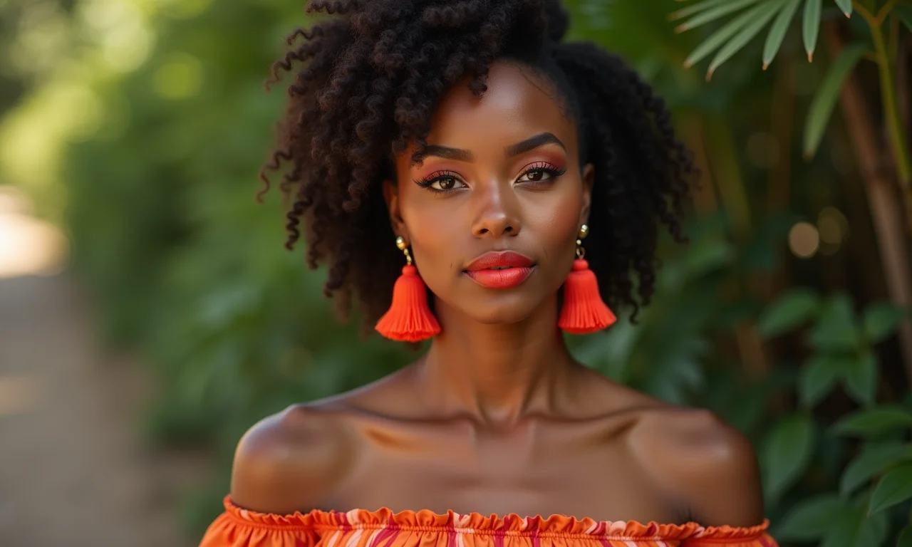 Mulher morena com batom vermelho alaranjado e brincos de coral.