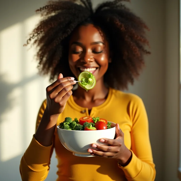 Mulher morena saboreando refeição nutritiva.