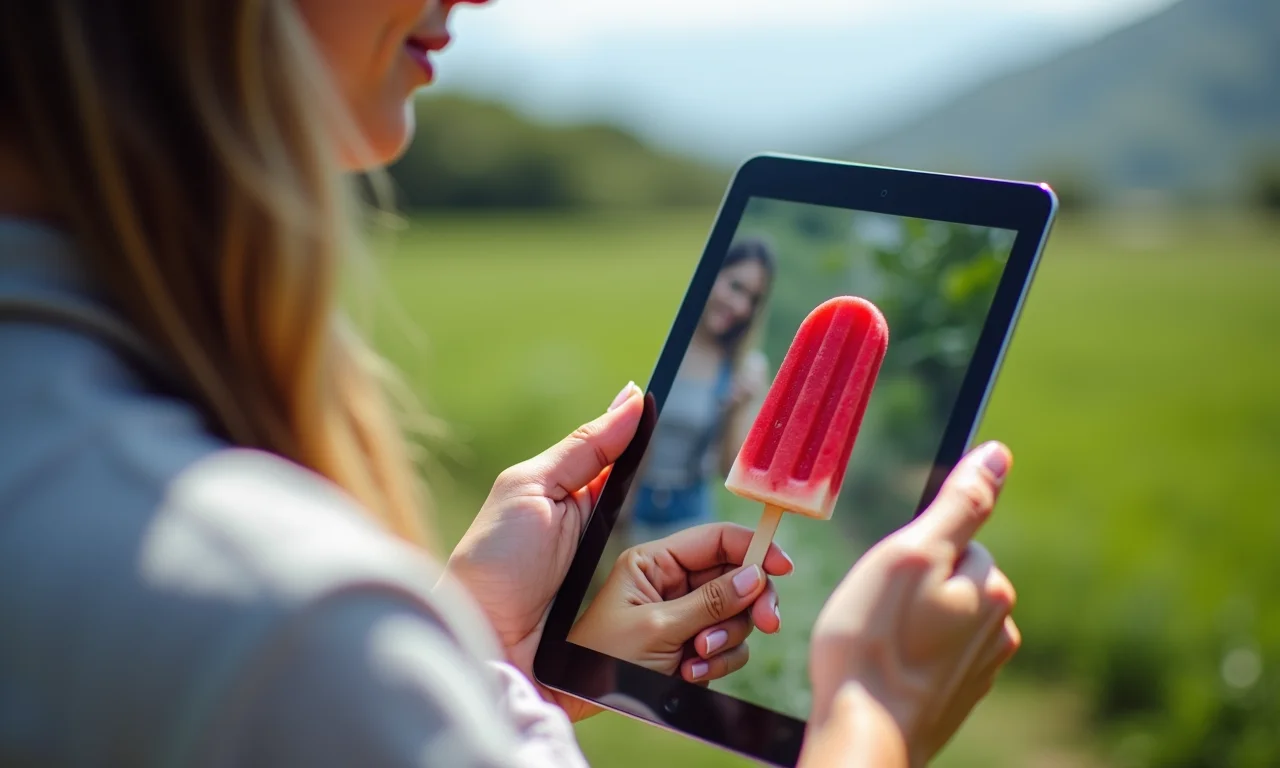 Mulher mostrando dicas para o negócio de geladinhos em um tablet.