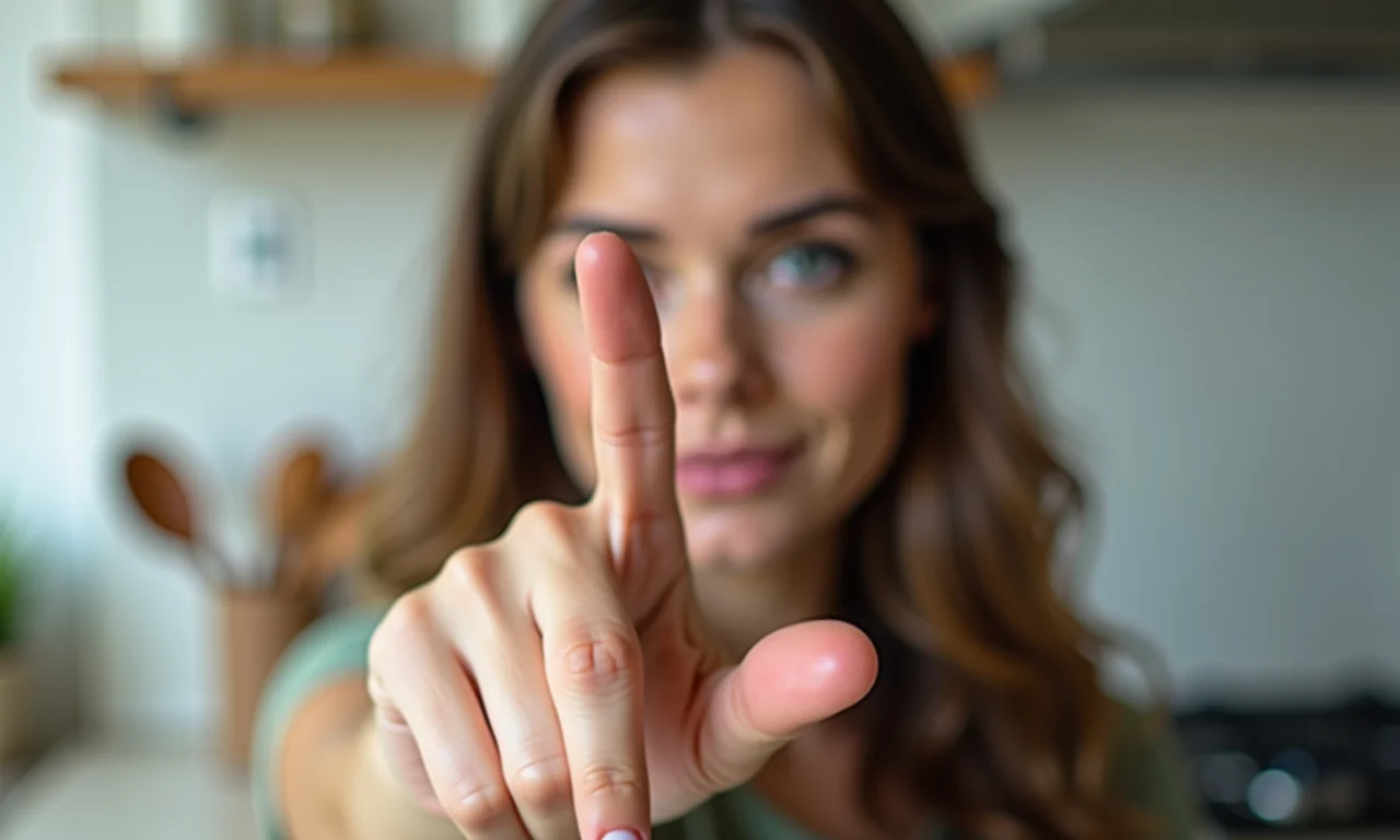 Mulher mostrando o truque do dedo quebrado em close-up.