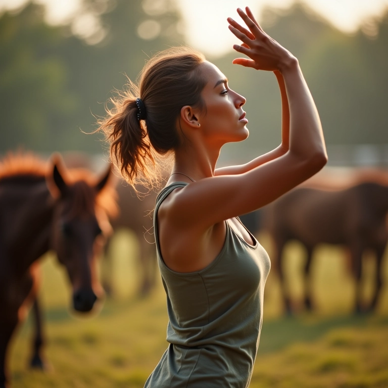 Mulher movendo os braços graciosamente em dança circular, demonstrando coordenação.