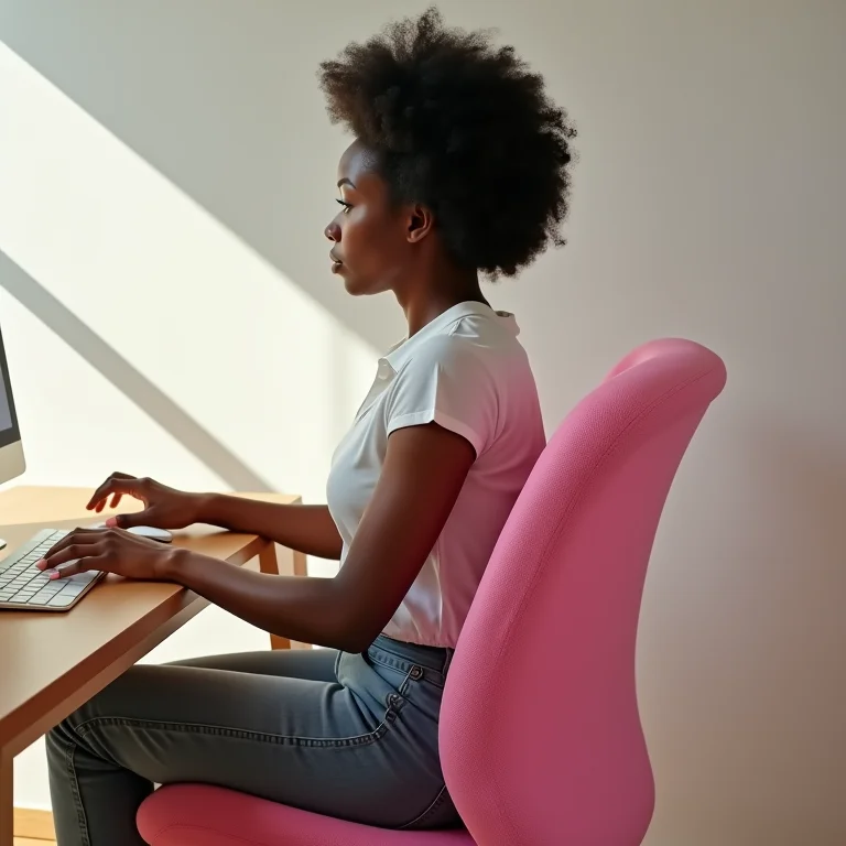 Mulher negra ajustando a altura de uma cadeira de escritório rosa