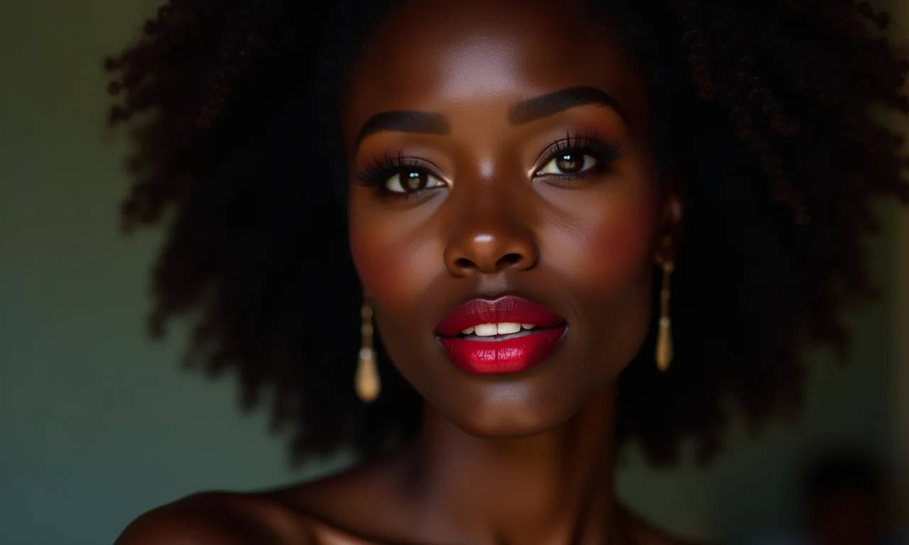 Mulher negra com batom vermelho vibrante e bordô.