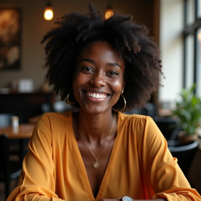 Mulher negra com blusa de viscose sorrindo em um café.