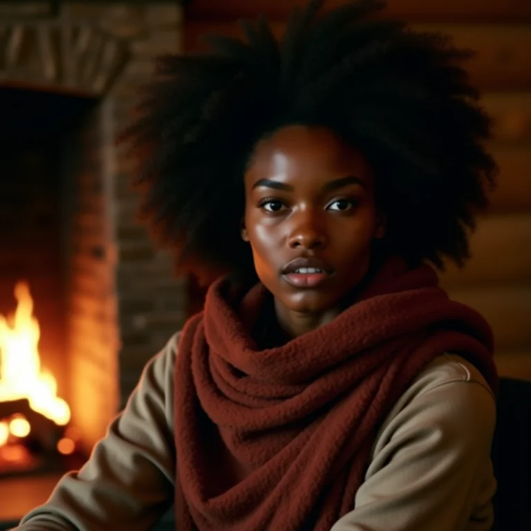 Mulher negra com lenço de viscose na cabeça e pescoço perto da lareira.