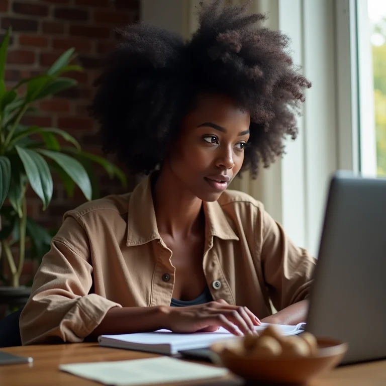 Mulher negra concentrada estudando com tigela de castanhas ao lado.