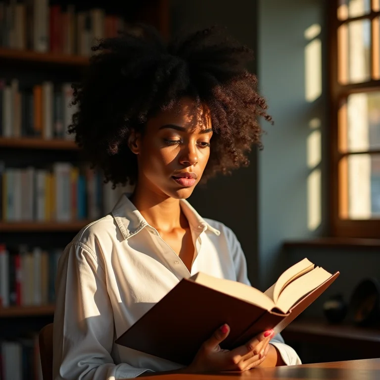 Mulher negra concentrada lendo um livro em biblioteca ensolarada.