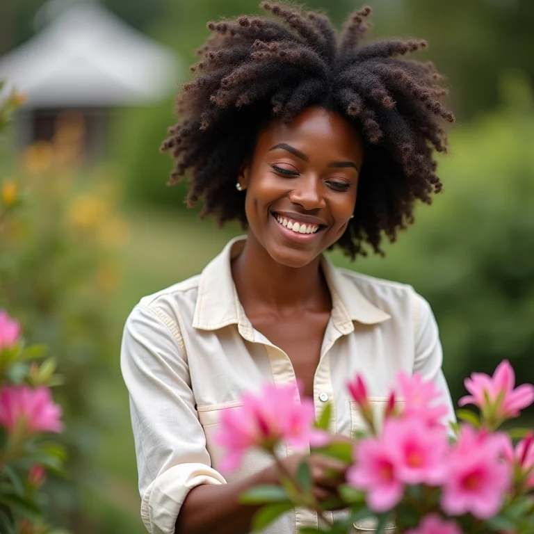 Mulher negra cuidando de azaleias no jardim