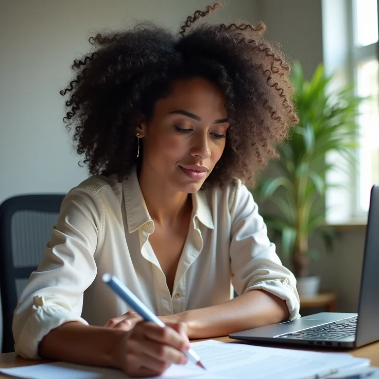 Mulher negra escolhendo palavras-chave para artigo científico