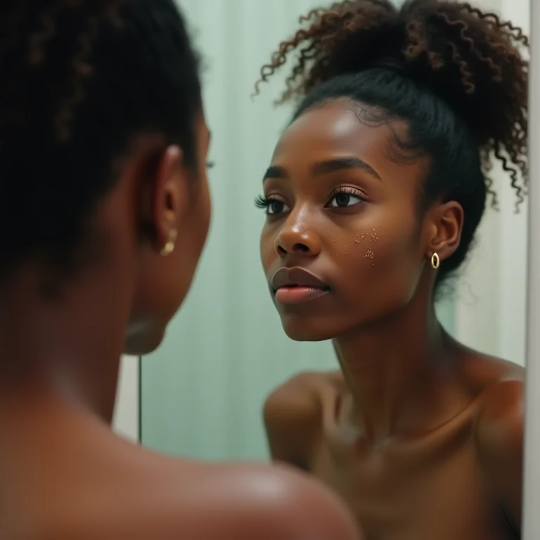Mulher negra examinando sua pele com acne