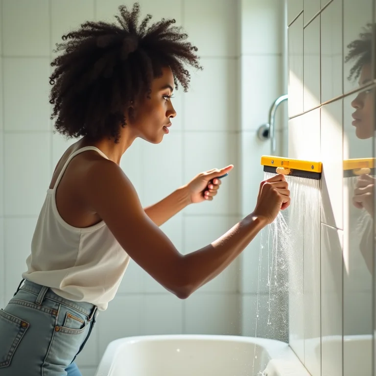 Mulher negra limpando azulejos do banheiro com um rodo.