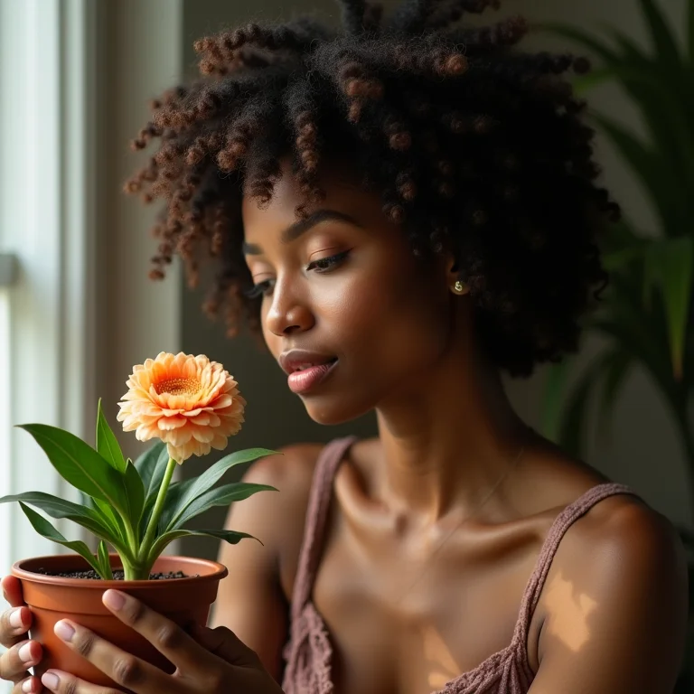 Mulher negra observando uma planta, praticando a observação sem julgamento.