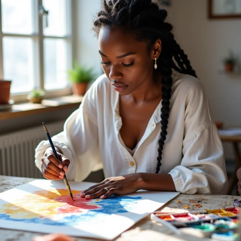 Mulher negra pintando aquarela com a técnica de camadas