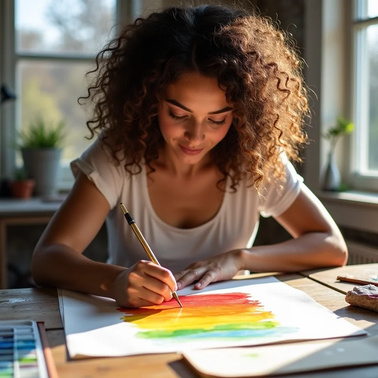 Mulher negra pintando aquarela usando a técnica molhado sobre molhado