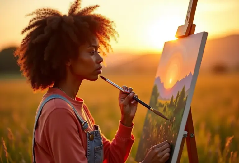 Mulher negra pintando uma paisagem ao ar livre em tela.
