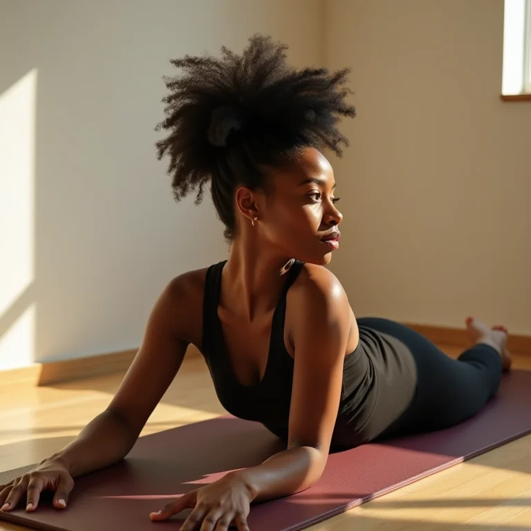 Mulher negra praticando yoga restaurativa para encontrar a calma interior