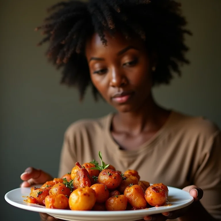 Mulher negra rejeitando um prato de comida muito condimentada.