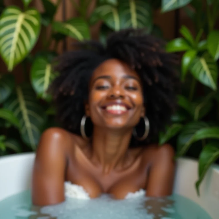Mulher negra relaxando em banheira com jardim vertical ao fundo.