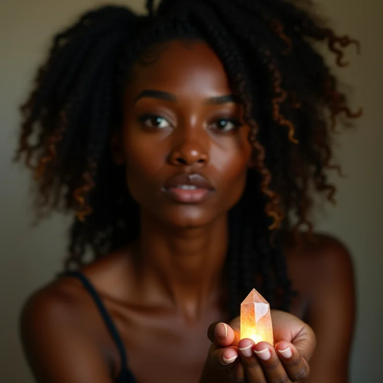 Mulher negra segurando cristal na mão