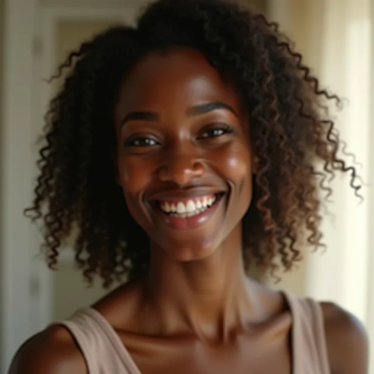 Mulher negra sorrindo com pele livre de acne