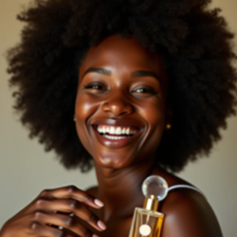 Mulher negra sorrindo e segurando um perfume