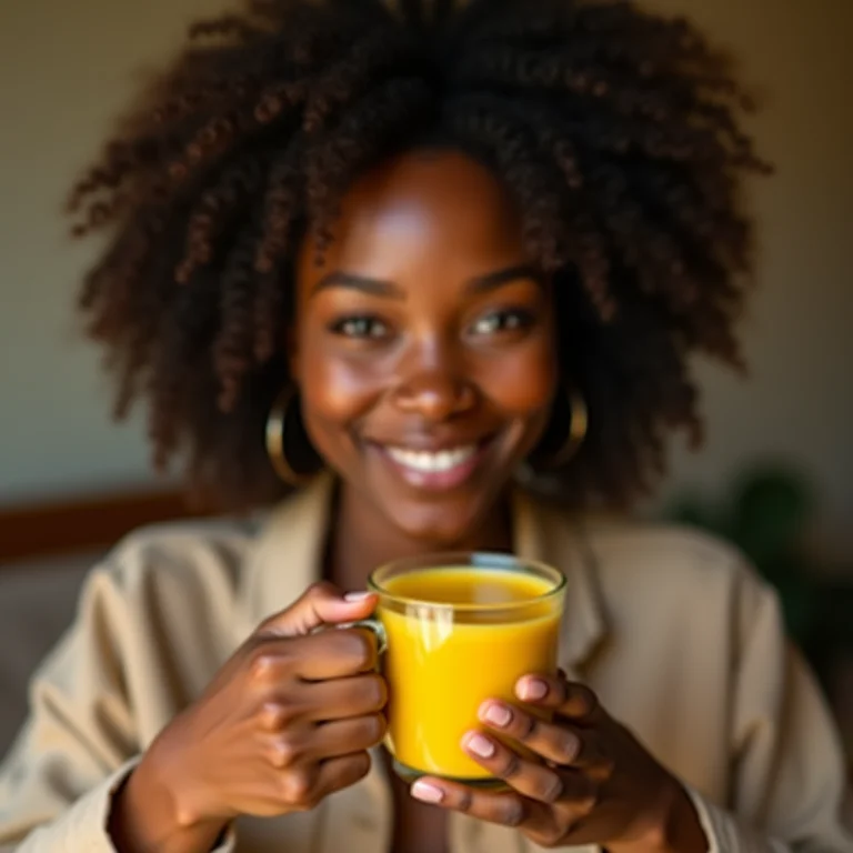 Mulher negra sorrindo enquanto bebe um latte dourado.