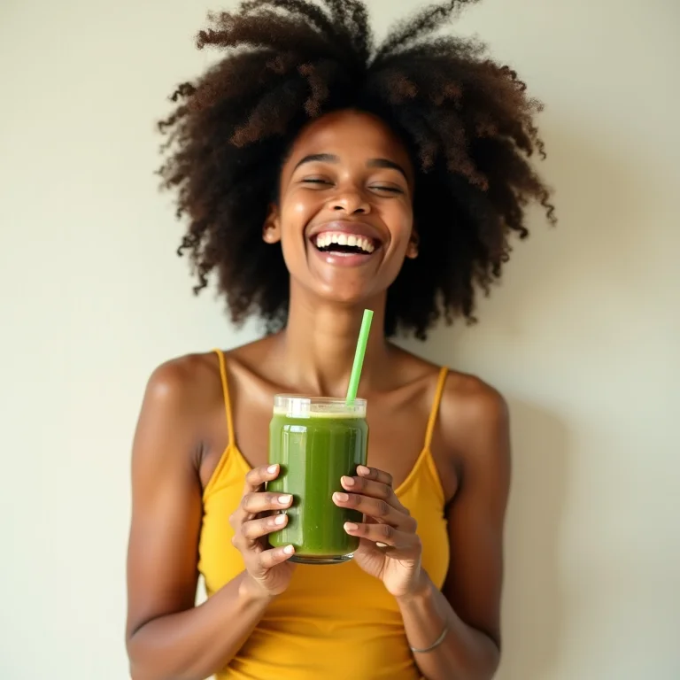 Mulher negra sorrindo segurando smoothie verde.