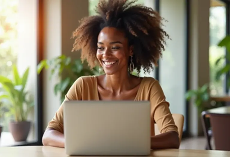 Mulher negra sorrindo trabalhando remotamente em Bali