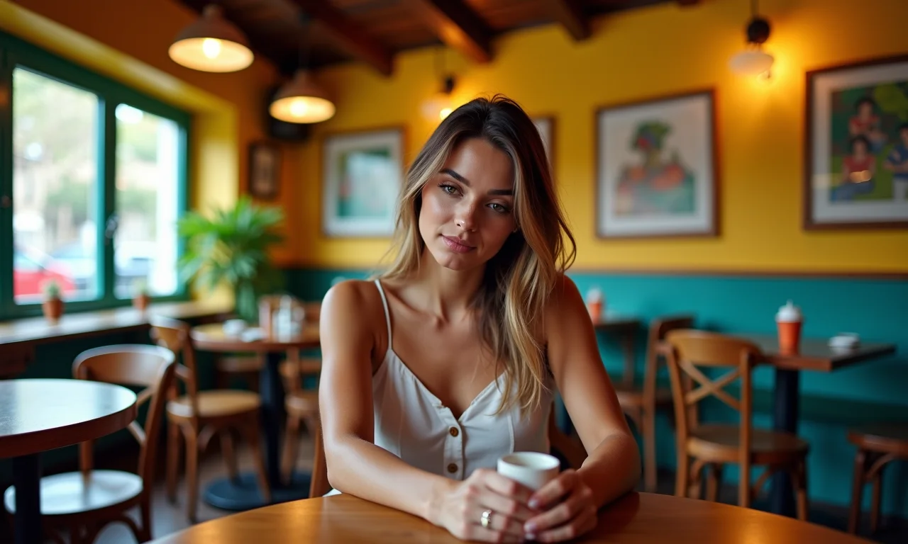 Mulher observando detalhes em um café e iniciando uma conversa.