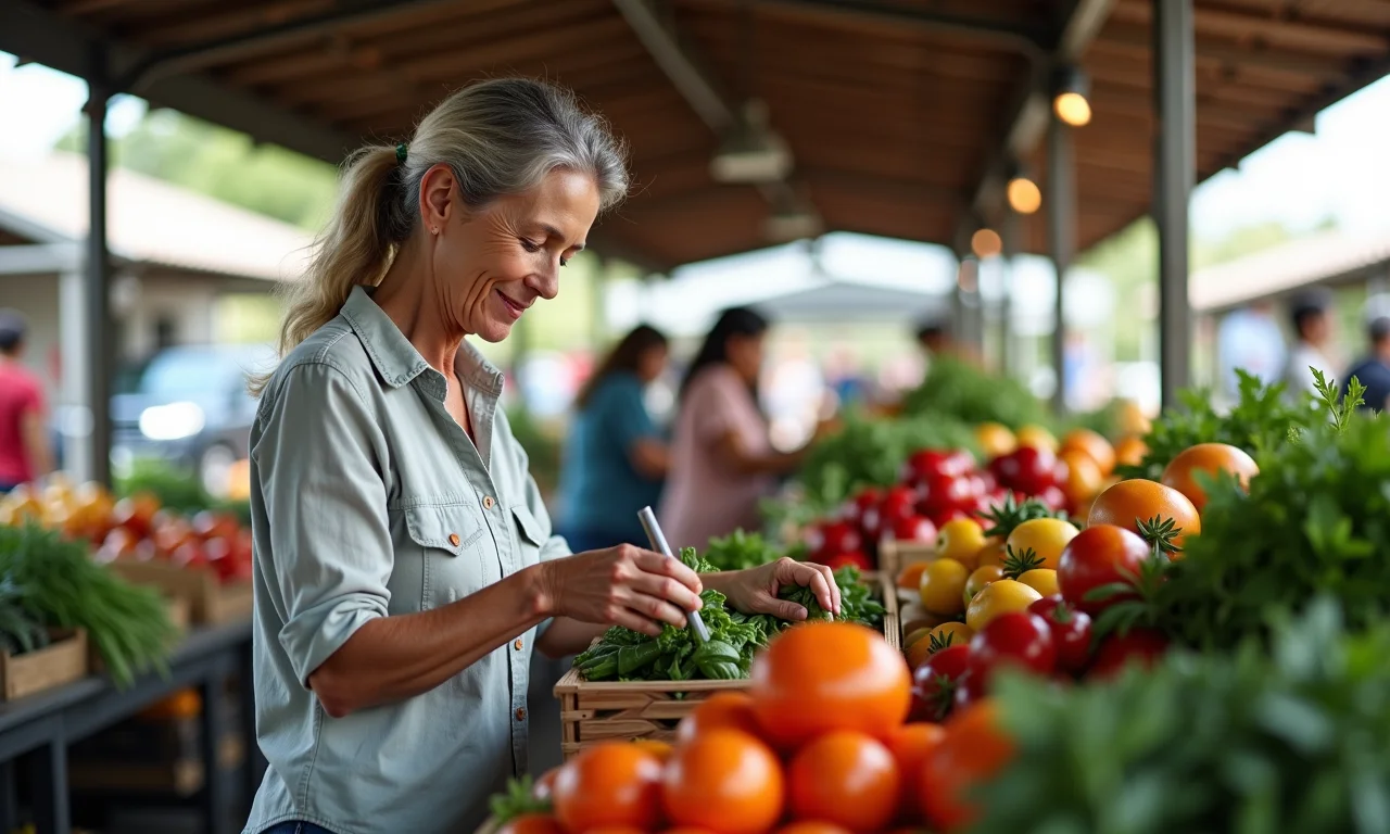 Mulher observando produtos orgânicos em um mercado local.
