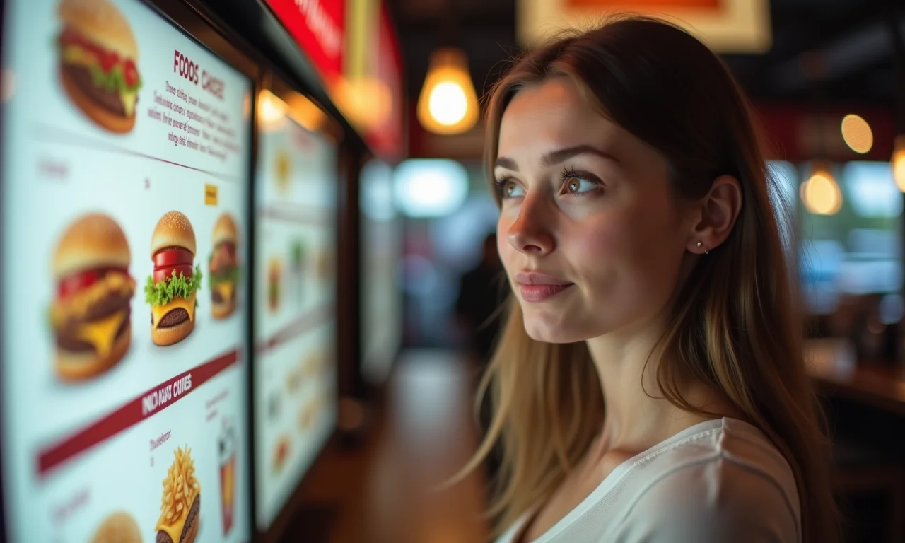 Mulher olhando cardápio de fast food.