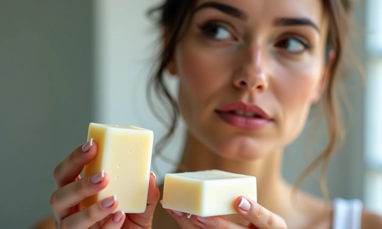 Mulher olhando para sabonete corporal e facial.