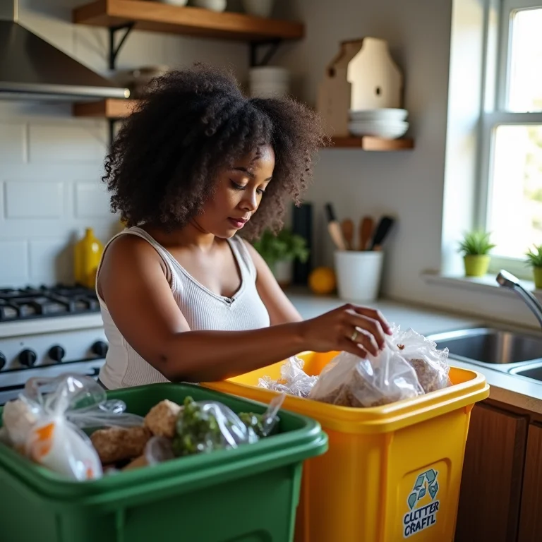 Mulher organizando o lixo da cozinha passo a passo.