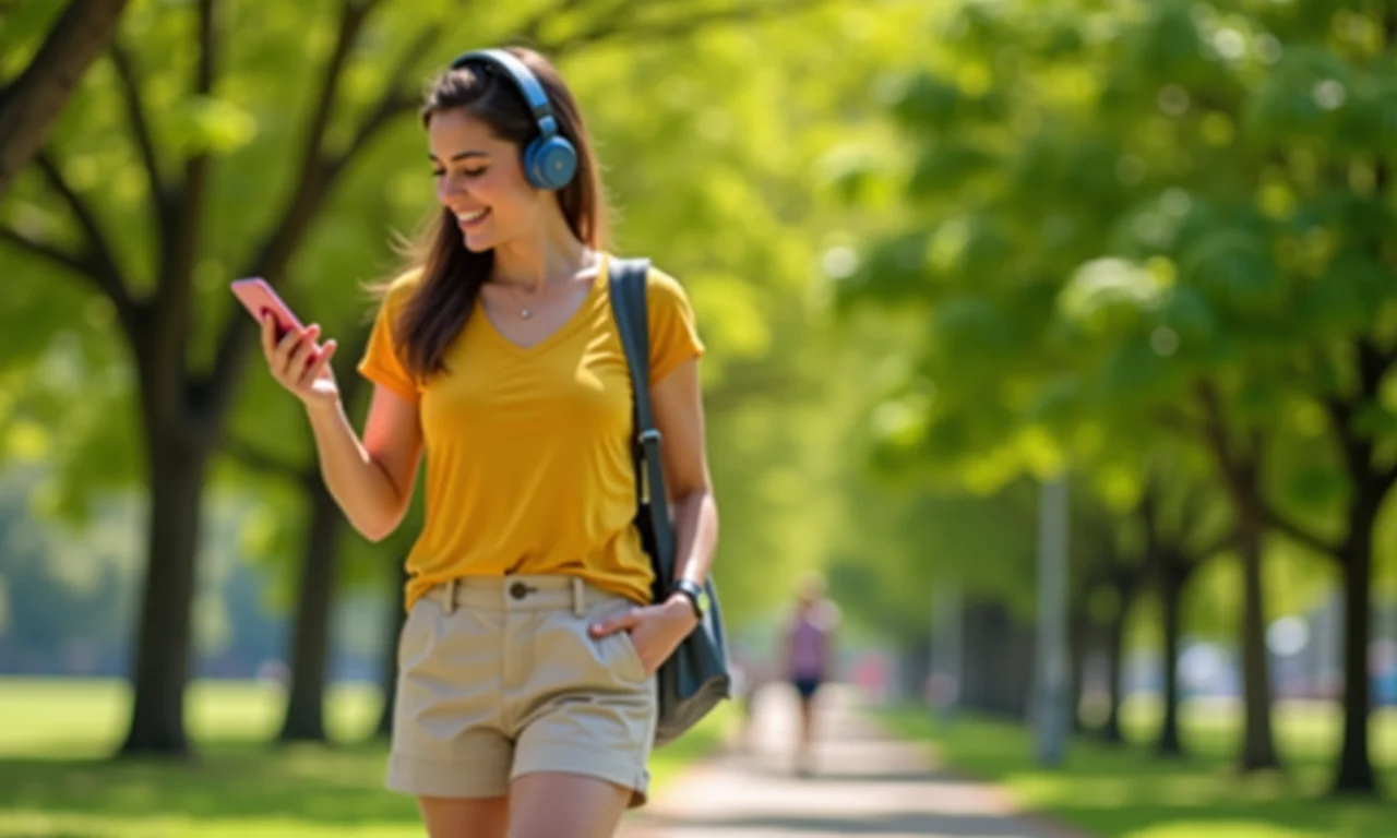 Mulher ouvindo audiobook em um parque no Brasil.