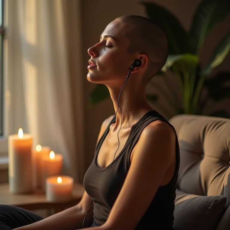 Mulher ouvindo meditação guiada para silenciar a mente e adormecer facilmente