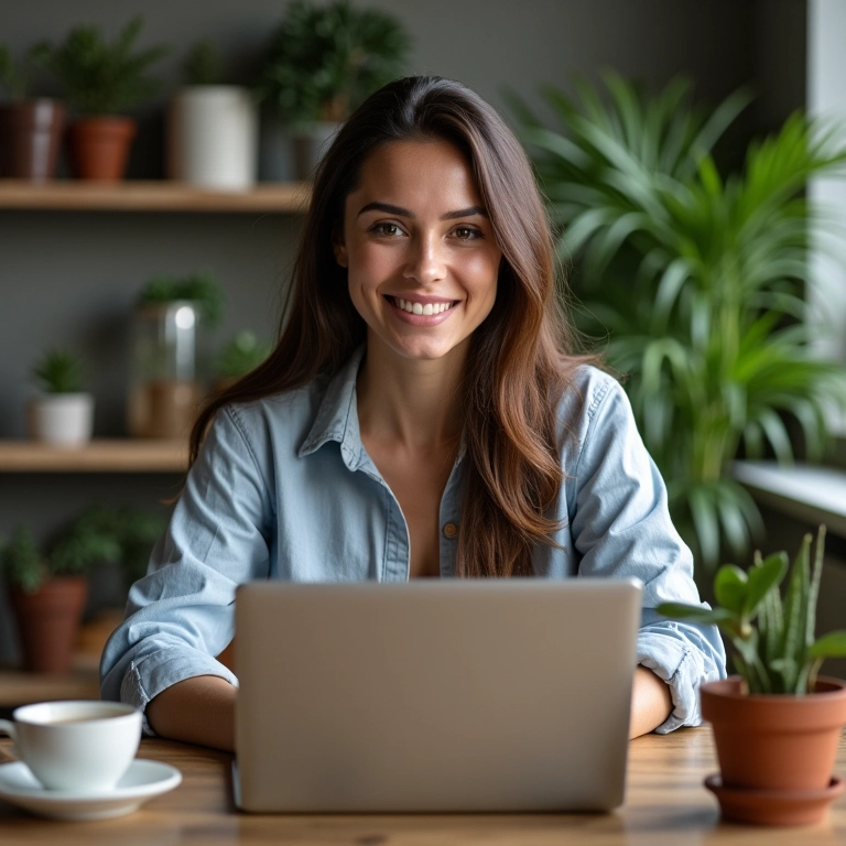 Mulher participando de reunião virtual em casa, engajamento social online.