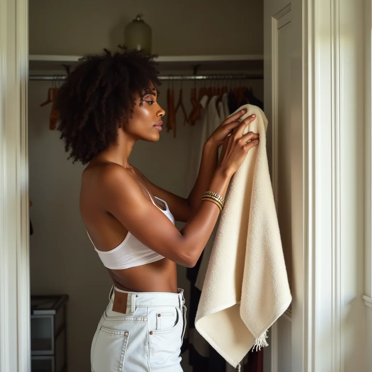 Mulher pendurando toalha úmida em varal fora do armário.