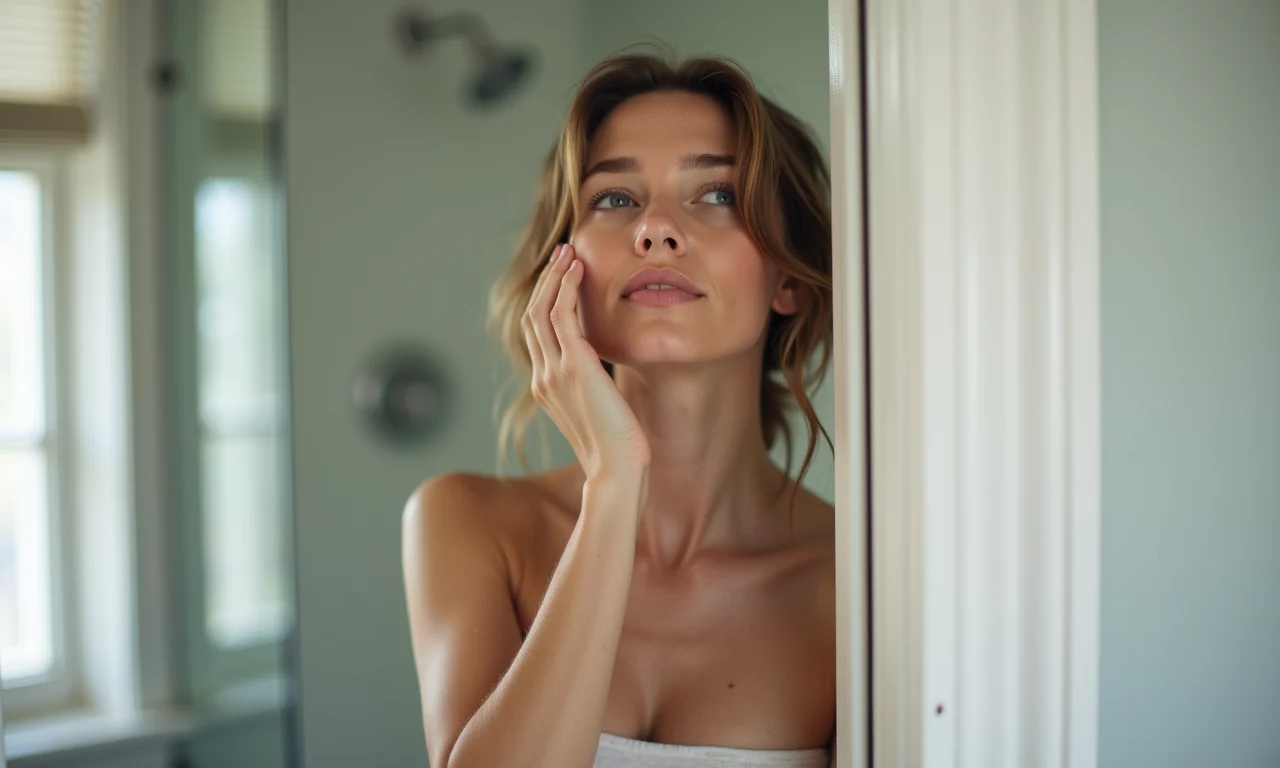 Mulher pensando na frequência ideal para tomar banho de sal grosso.