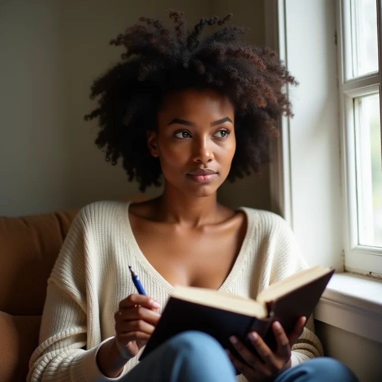 Mulher pensando sobre a frequência ideal para o journaling.