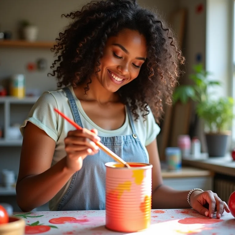 Mulher pintando lata de tomate para fazer um porta canetas.
