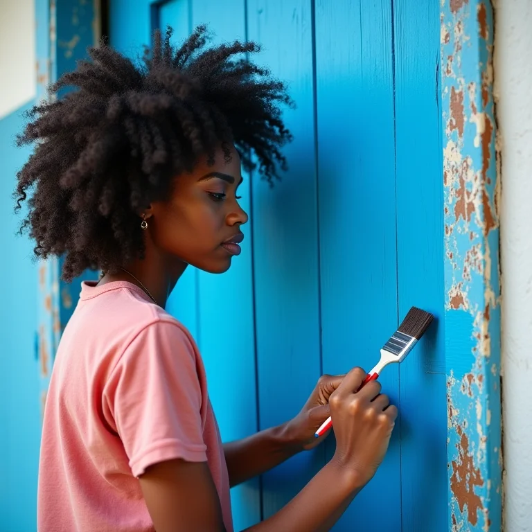 Mulher pintando porta de madeira com tinta azul